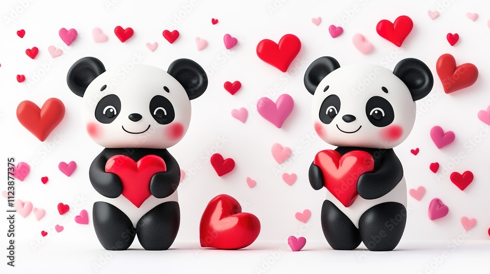Obraz premium Adorable Kawaii Valentine's Panda Character Isolated on a White Background.