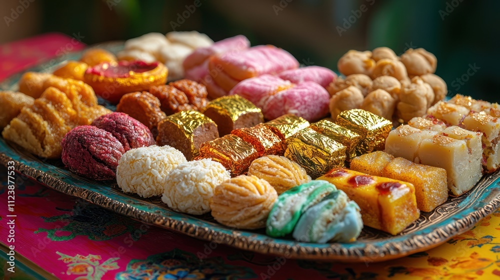 Fototapeta premium A colorful assortment of traditional sweets arranged on a platter.