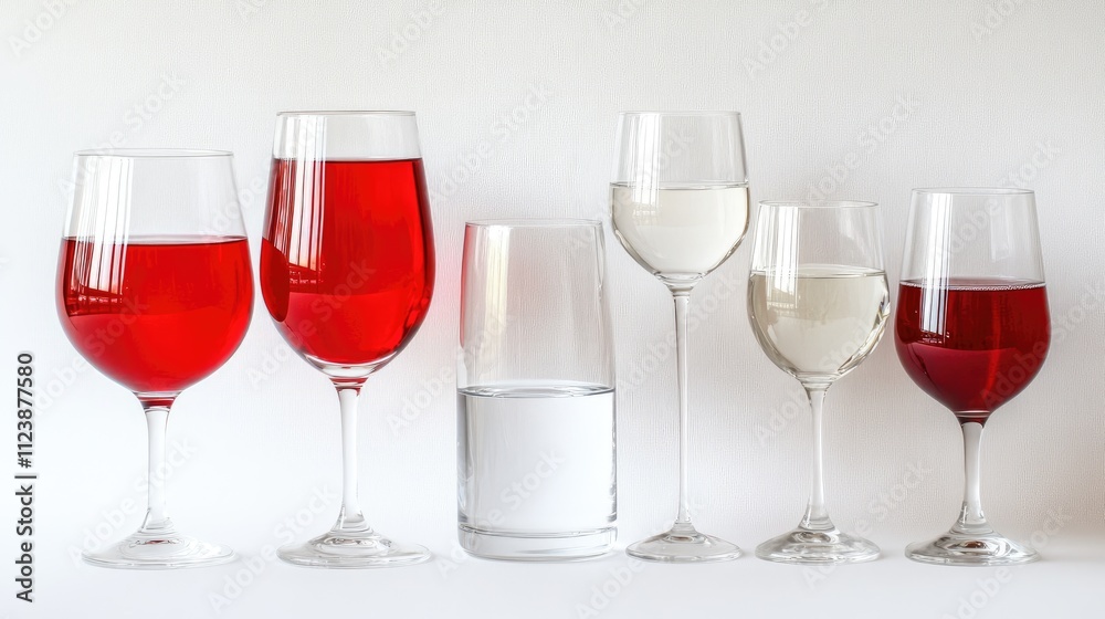 Variety of Glasses with Red and Clear Liquid on a White Background