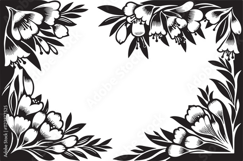 Torreya , Torreya californica flower in art deco decoration, corner border, black and white illustration, photo