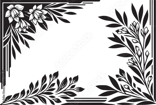 Torreya , Torreya californica flower in art deco decoration, corner border, black and white illustration, photo