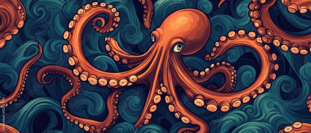 Fototapeta premium Vibrant Octopus Illustration in Swirling Ocean Waves, Artistic Underwater Scene