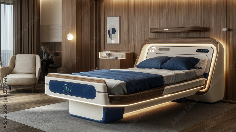 Fototapeta premium A Modern and Futuristic Hospital Bed with Blue and White Accents