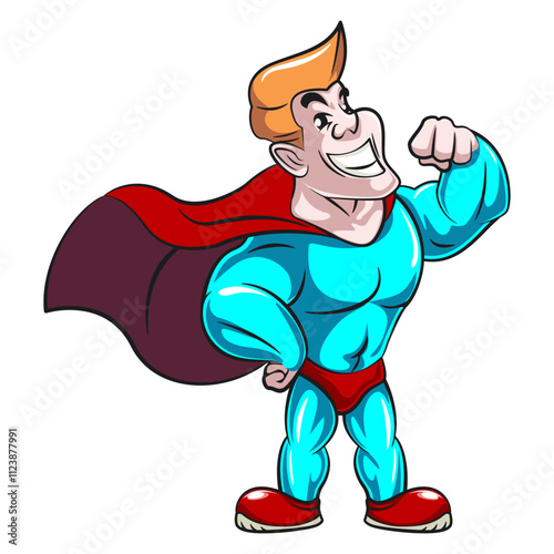 vector cartoon superhero character was standing with pose strong and heroic with a friendly smile, work of hand drawn