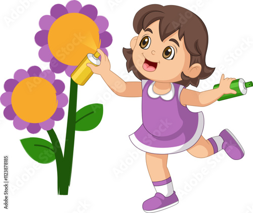 Cute girl paint drawings on wall using spray paint cartoon