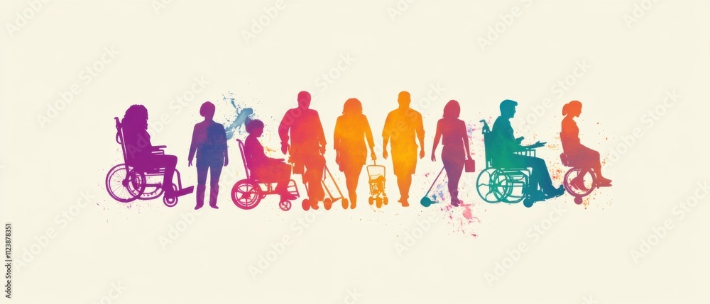 Fototapeta premium Colorful Silhouettes of Diverse People in Wheelchairs and Walking, Promoting Inclusion