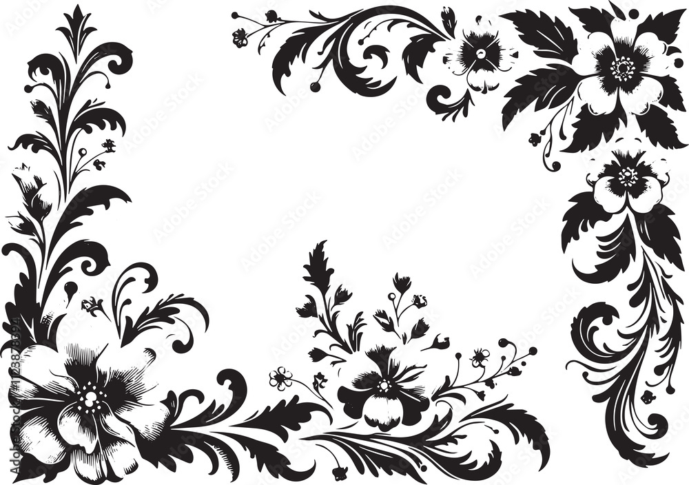 Obraz premium Violet flower in victorian flourish decoration, corner border, black and white illustration,