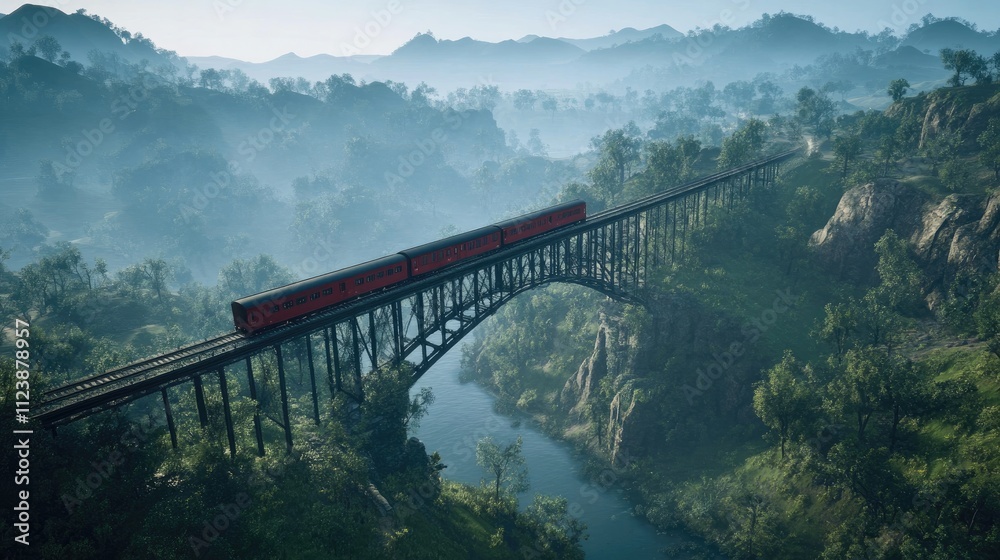 Obraz premium Scenic Train Crossing over Green Valley with Mountains in Background