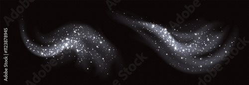 Silver magic cloud with sparkles, stardust sparkling decoration. White glowing glitter smoke trail. Christmas vector illustration.