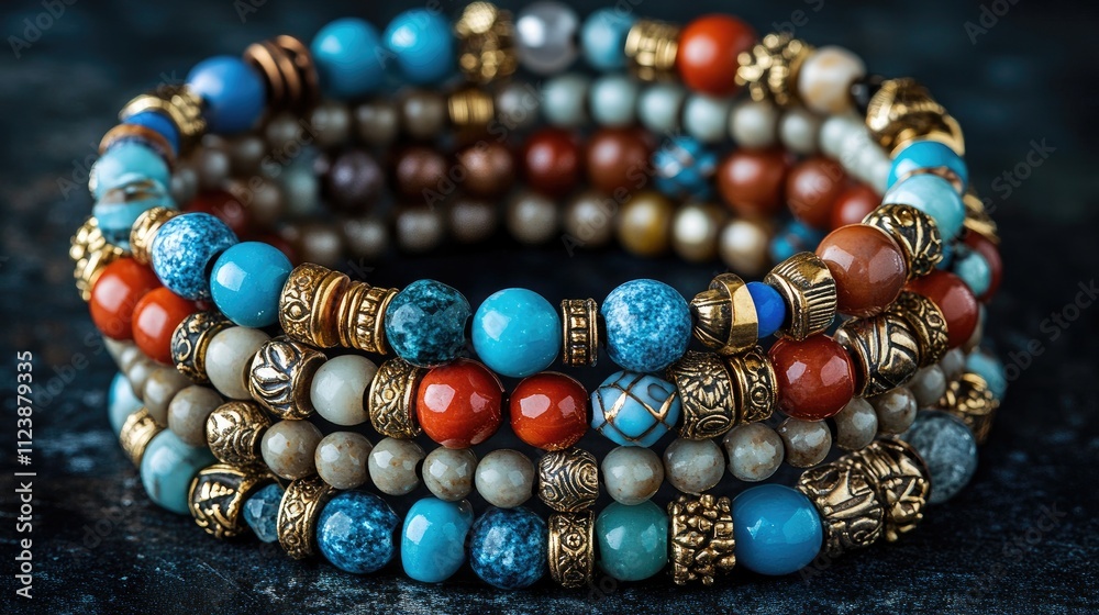 Colorful Beaded Bracelets with Gold Accents on Dark Background Colorful Beaded Bracelets with Gold Accents on Dark Background