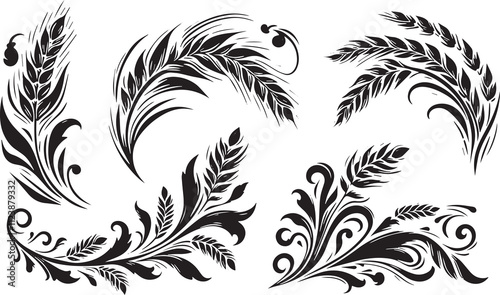 Wheat plant in victorian flourish decoration, corner border, black and white illustration,
