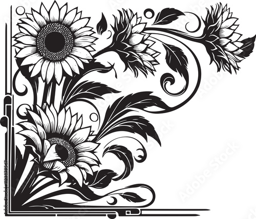 Whorled Sunflower , Helianthus verticillatus flower in art nouveau decoration, corner border, black and white illustration, photo