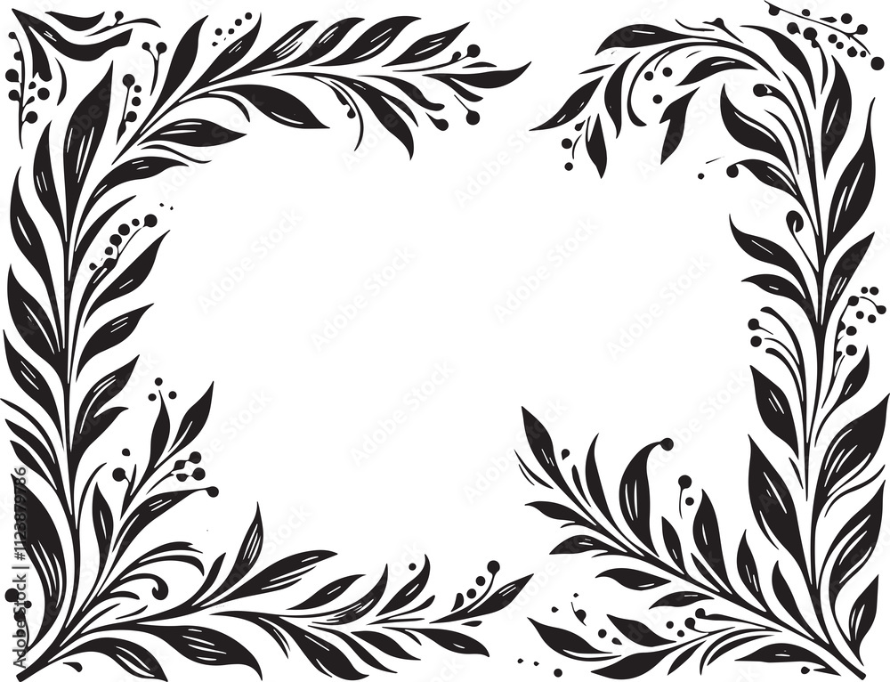 Obraz premium Willow branches in victorian flourish decoration, corner border, black and white illustration,