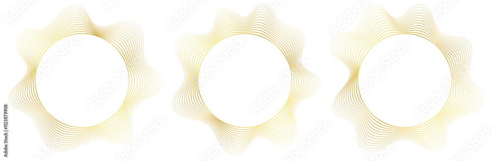 Abstract frame with wavy corners. Round border made with thin golden lines. Luxury concept. Vector illustration.