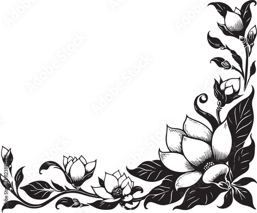 Yunnan Sargent's Magnolia , Magnolia sargentiana flower in art nouveau decoration, corner border, black and white illustration,