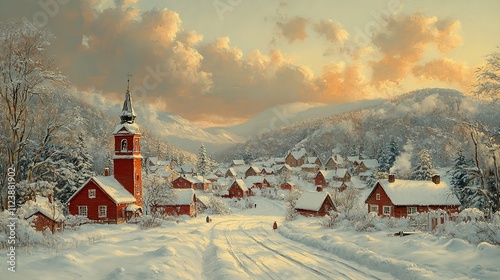 Winter Village Scene with Red Church and Snow Covered Mountains photo