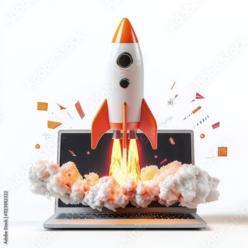 Rocket launching from laptop screen, symbolizing fast business growth and success.