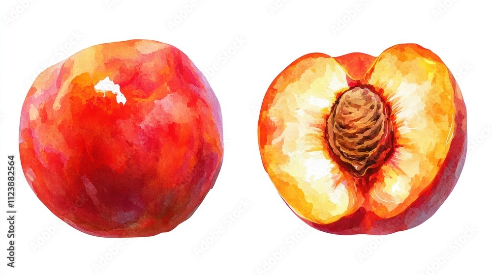 Fototapeta premium Ripe peach with fuzzy skin, sliced in half showing pit, transparent background