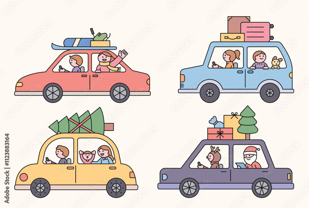 Naklejka premium A variety of people traveling by car. Side view of car. The roof of the car is fully loaded with luggage. Family, friends, Santa, couple.
