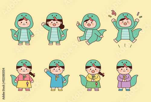 A collection of cute children wearing snake costumes and children dressed up as snakes in traditional Korean clothing.