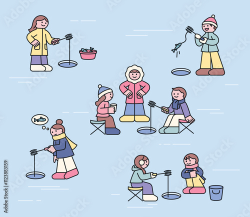 People are ice fishing on a frozen river. They drop their lines into small holes and wait. Cuttiny outline character illustration