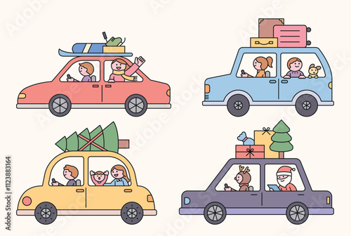 A variety of people traveling by car. Side view of car. The roof of the car is fully loaded with luggage. Family, friends, Santa, couple.