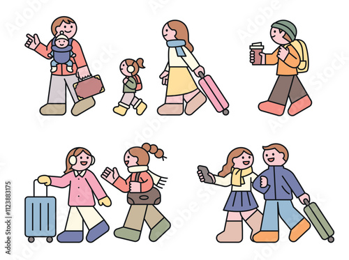 People going on a winter vacation with their family and friends. They are walking with their suitcases and chatting happily.