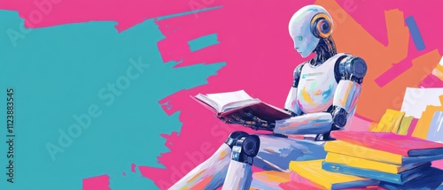 AI Robot Reading Book, Futuristic Technology and Education Concept