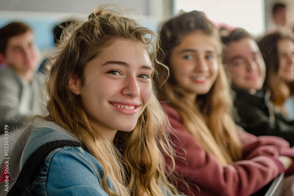 Obraz premium group of teenagers, students sitting together in the classroom. smiling group of friends at the university. AI Generated