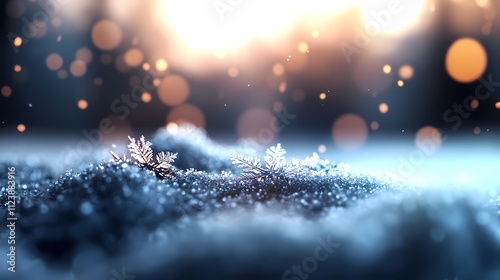 Sparkling snowflakes on snowy ground at sunrise. photo