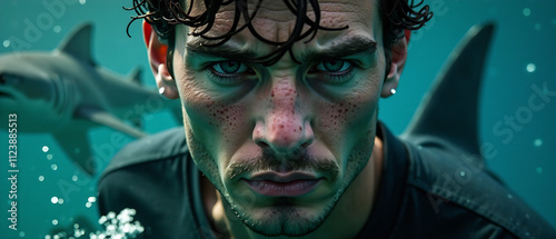 Male portrait with intense expression, water droplets on face, shark close up, contrasting emotions, dramatic lighting, concept of danger and intrigue, underwater theme photo