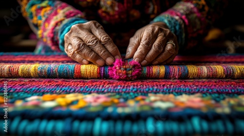 Artisan Hands Skillfully Creating Colorful Textile with Vibrant Threads in Traditional Weaving Workshop Capturing Craftsmanship and Cultural Heritage