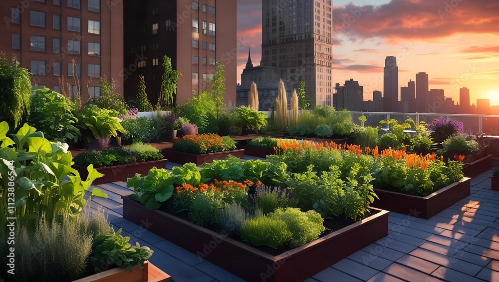 Fototapeta premium Rooftop Urban Vegetable Garden at Sunset, Raised Planters with Fresh Produce and Flowers, Sustainable City Living, Urban Agriculture and Eco-Friendly Gardening Inspiration