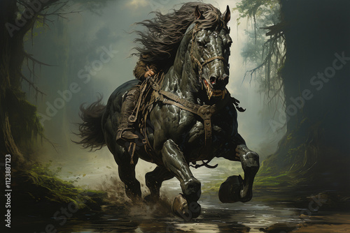 rider on a powerful black fantasy horse,  photo