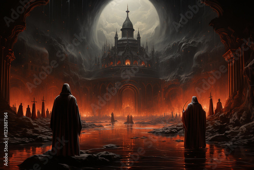 dark church, hell, monks in red cloaks, Secret society ceremony, sect members in a dark hall, 