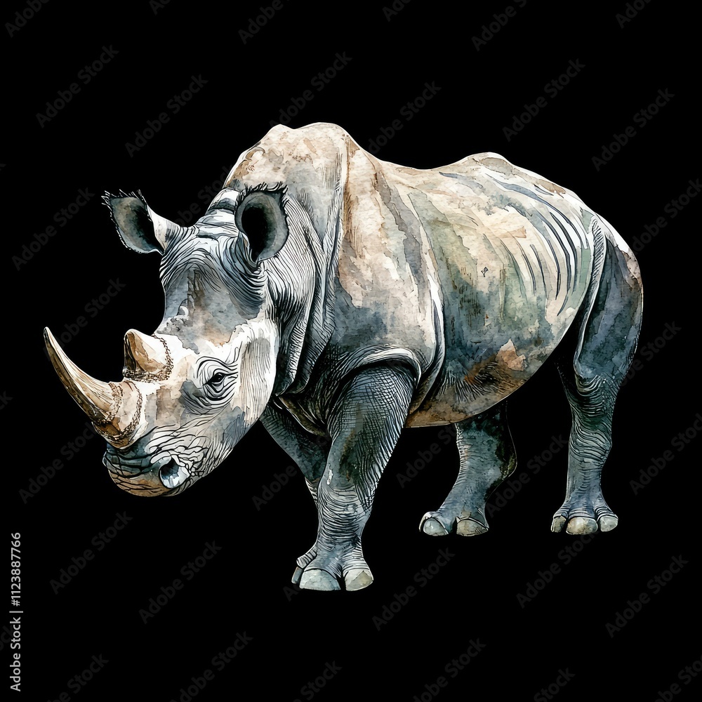 Fototapeta premium Watercolor Illustration of a White Rhinoceros Standing on a Black Background