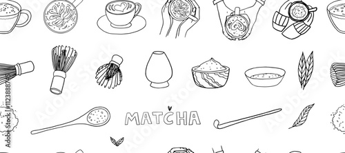 Seamless pattern of hand drawn matcha tea theme elements in doodle style. Matcha powder, Matcha Measuring Spoon, bamboo whisk, japanese tea, matcha latte, cup in hands. Cute vector illustration EPS10