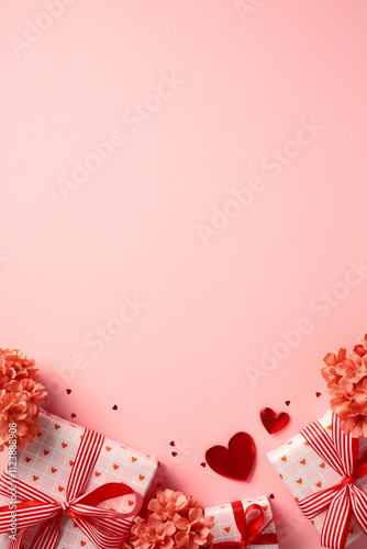 Valentine's Day flat lay with gift boxes wrapped in heart-patterned paper and red ribbons, surrounded by red flowers and heart-shaped decorations on a pink background photo