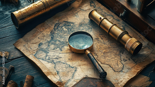 An old map with ancient symbols, a magnifying glass, and a brass telescope on it. The background is dark wood photo