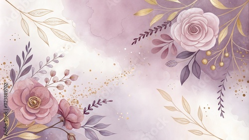 Elegant watercolor roses with golden leaves background with copy space