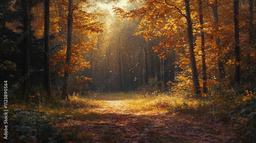 Obraz premium Sunlit autumn path through golden forest.