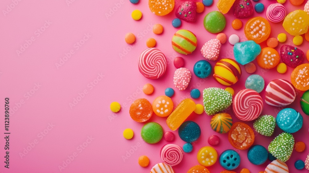 Fototapeta premium Assortment of colorful candies on a vibrant pink background