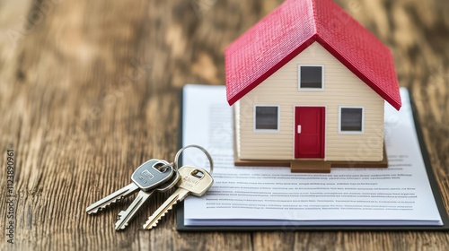 A miniature house model with keys placed on a document, symbolizing home ownership.