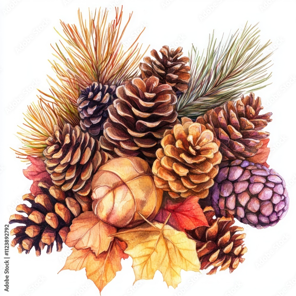 Fototapeta premium Autumn watercolor painting: pine cones, leaves, branches.