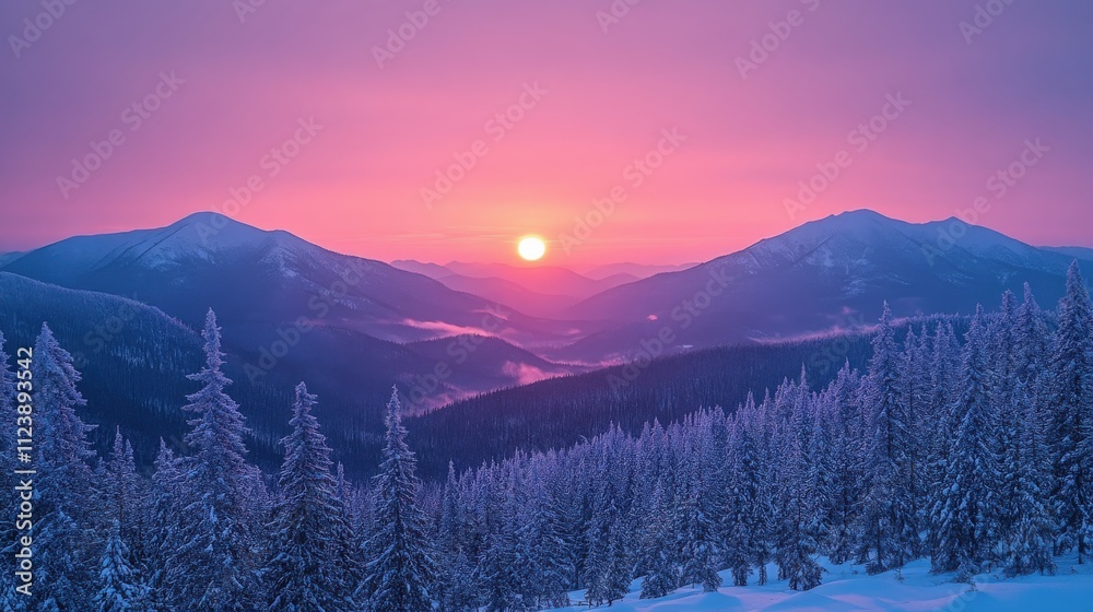 Obraz premium A serene winter landscape at sunset, with mountains and snow-covered trees.