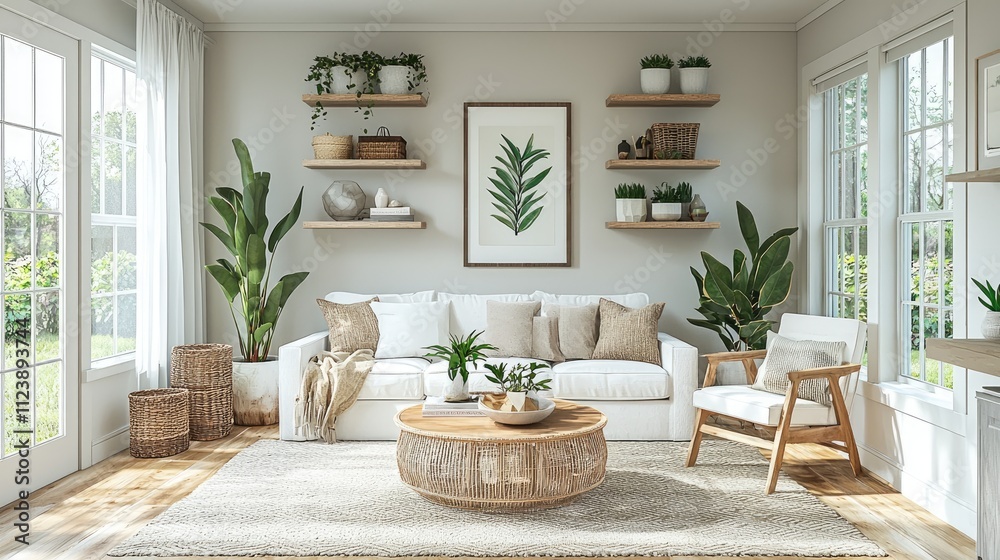 Fototapeta premium Cozy Modern Living Room with Natural Decor and Indoor Plants in Sunlit Space Featuring Wooden Furniture and Neutral Tones