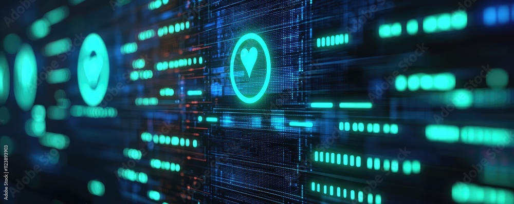 Obraz premium Futuristic digital interface with glowing icons and data streams for modern tech concepts.