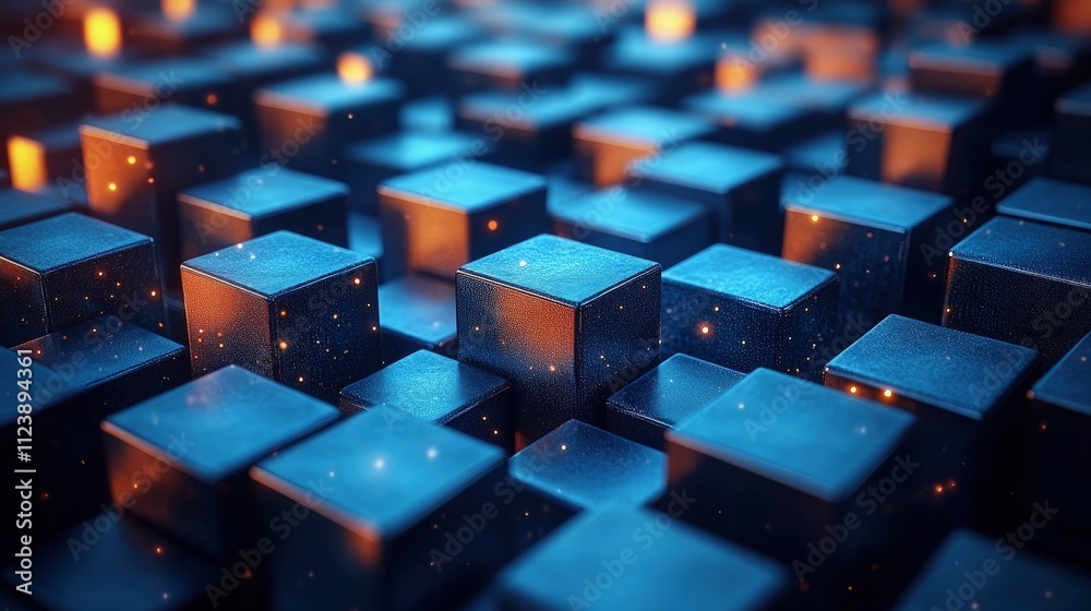Obraz premium Abstract 3D rendering of dark blue metallic cubes with glowing particles.