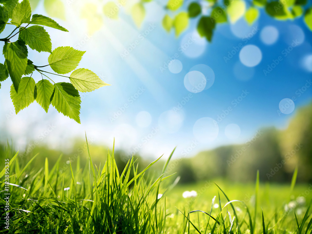 Obraz premium green grass background. spring, grass, nature, summer, sun, leaf, sky, field, meadow, garden, flower, foliage, plant, tree, forest, sunlight, day, flora, bokeh, light, season, sunny, lawn, natural, br