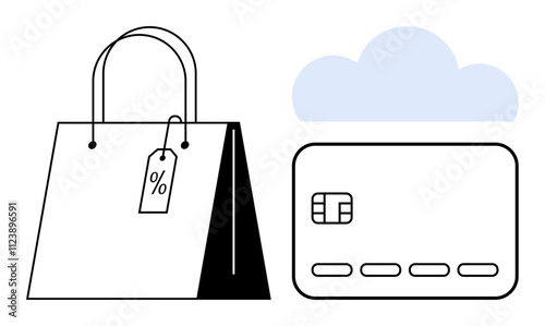 Shopping bag with percentage discount tag next to a credit card and cloud icon. Ideal for e-commerce, retail, online shopping, discounts, digital payments, consumer behavior, and marketing concepts